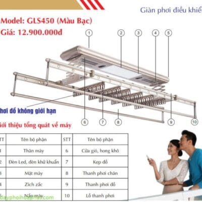 Giàn phơi điện tử GLS450 màu bạc